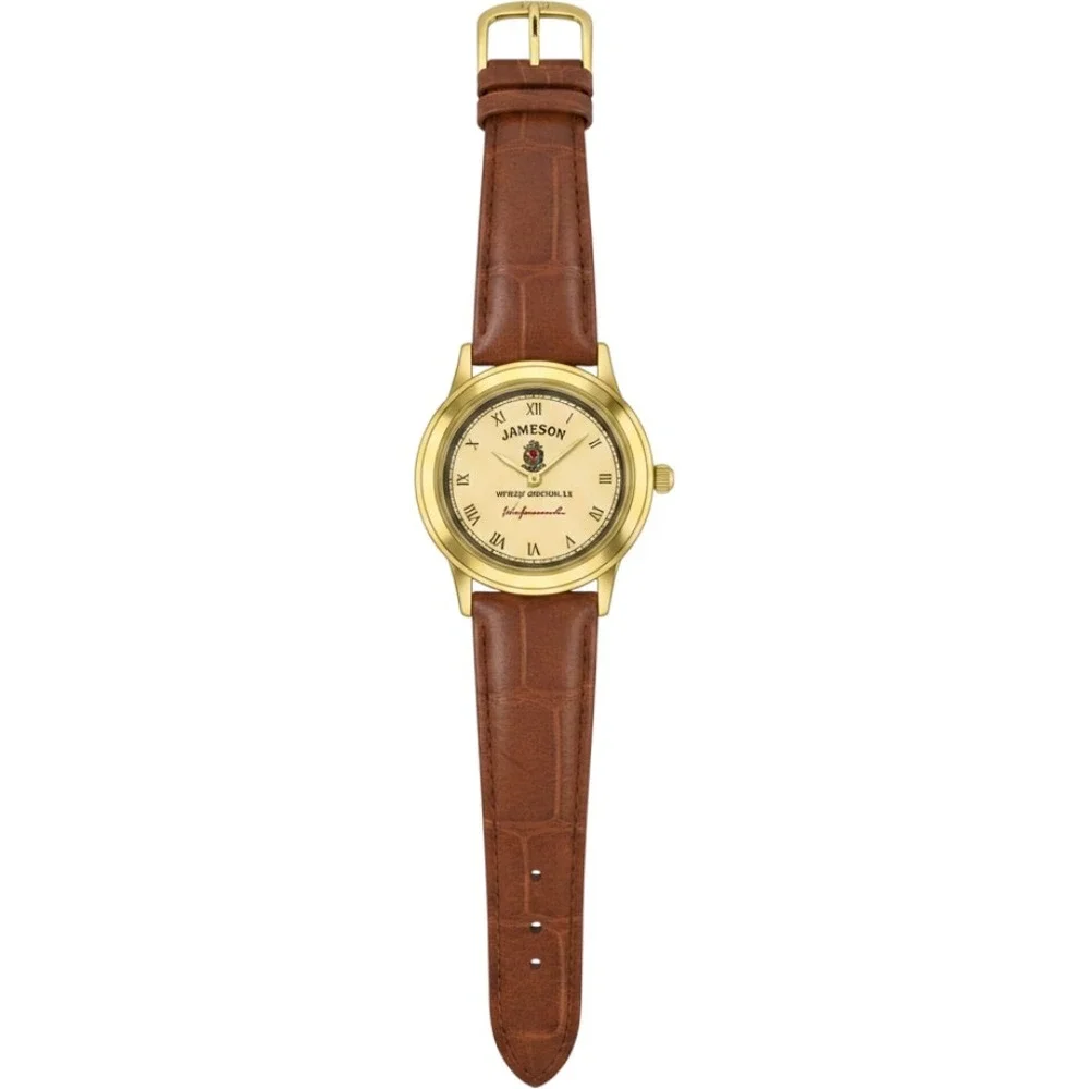 Jameson Irish Whiskey Watch Gold Tone Cream Dial Brown Leather Strap Untested